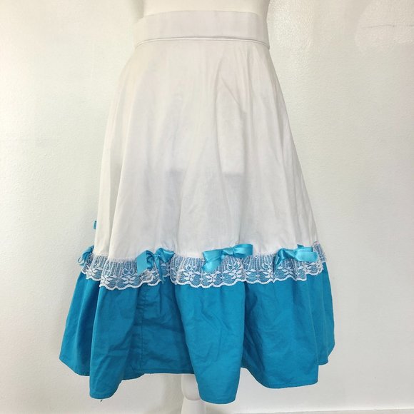 Vintage Blue and White Lace with Bows Square Dance Skirt - Picture 1 of 5